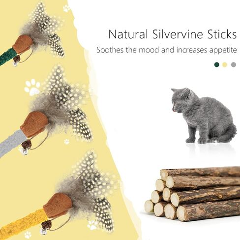 Andiker 3Pcs Cat Chew Sticks, Catnip Chew Toys with Feather Funny Cat Feather Toys Silvervine Matatabi Sticks for Cats Teeth Cleaning Chewing Relax (Yellow+Green+Grey) in Saudi Arabia