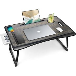 Amaredom Laptop Bed Desk Tray Bed Table, Foldable Portable Lap Desk Notebook Stand Reading Holder with Storage Drawer and Cup Holder for Eating Breakfast on Bed/Couch/Sofa-White Oak