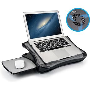 حامل كمبيوتر محمول مع لوحة ماوس مرفقة، ووسادة ومروحة تبريد USB، حامل كمبيوتر لوحي مضاد للانزلاق ودرع حراري لمحطة عمل قوية للمنزل والمكتب وأريكة السرير والأريكة والسيارة