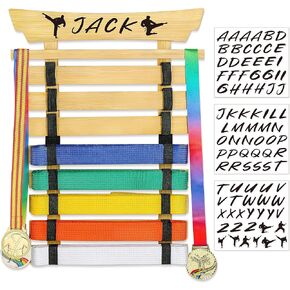 Bamboo/Wood Karate Belt Display Rack, 8 Belt Taekwondo Belt Display with Stickers, Martial Arts Belt Display Holder, Jiu Jitsu BJJ Belt Display Hanging Holder for Kids and Adults Gifts