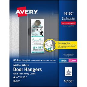 Avery Printable Door Hangers with Tear-Away Cards, 4.25" x 11", Matte White, 80 Blank Door Hangers for Laser and Inkjet Printers (16150)