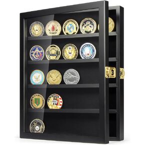 Military Challenge Coin Display Case, Coin Display Holder Wall Mount with Removable Shelves, Shadow Box for Medals Pin Badges Buttons