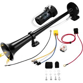 HK 12V 150db Air Train Horn Kit with Compressor Single Trumpet Air Horn Powerful Loud for Trucks Cars Boat SUV Train (Black)