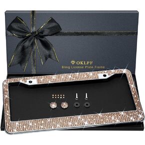 OKLPF Bling License Plate Frame for Women, Sparkly Stainless Steel License Plate Frames| Over 1200 pcs 14 Facets Bedazzled Clear Glass Diamond Rhinestone Crystals 2PK (Black)