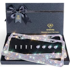 Shering Bling License Plate Frame, 2 Pack License Plate Frame with Premium Gift Box for Women,Rhinestone License Plate Frames with 1200pcs Rhinestones
