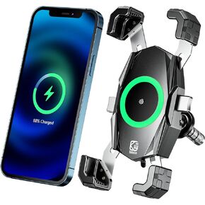 Kewig Motorcycle Fork Stem Phone Mount with Qi 15W Wireless Charger & USB C 20W Fast Charging Port, One-Push Automatically Lock & Quick Release Waterproof Handlebar Phone Holder for 4.0-6.9" Phone