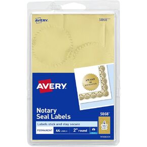 Avery Inkjet Print or Write Notarial Seals, 2 in Diameter, Gold, 44/Pack, PK - AVE05868