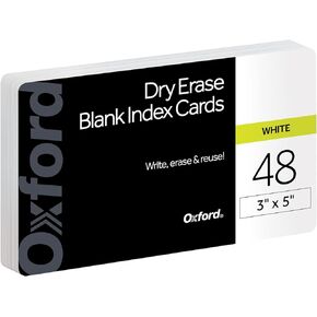 Oxford Dry Erase Index Cards, 3x5 Blank, Reusable Flash Cards, Double Sided Dry & Wet Erase Cards for Gaming, Study or Vocabulary, 48-Pack (63518)