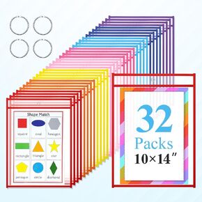 32 Pack Dry Erase Pocket Sleeves with Rings, 10x14 Inch Plastic Paper Sleeves Clear Job Ticket Holders Reusable Write and Wipe Pouches for Teacher Classroom Office