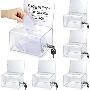 6 Pcs Acrylic Donation Box with Lock and Sign Holder Clear Ballot Box with Slot Donation Boxes for Fundraising Suggestion Box Storage Container for Voting, Raffle Box, Tip Jar