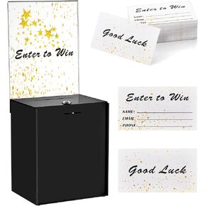 Teling Tall Acrylic Donation Box with Lock and Sign Plate Safe Suggestion Box with 100pcs Raffle Tickets Cards for Raffle, Money, Voting, Charity, Suggestion (Black)