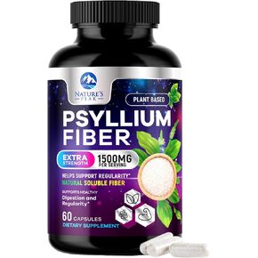 Psyllium Fiber Supplement 1500mg - Non-GMO, Natural Soluble Fiber for Daily Digestive Health & Regularity Support, Prebiotic Psyllium Husk Powder Caps with Plant Based Fiber, Sugar Free - 120 Capsules