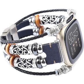Bands Compatible with Fitbit Sense/Fitbit Versa 3, Genuine Leather Bracelet Replacement Strap with Stainless Steel Clasp for Men & Women