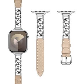Compatible for Apple Watch Women 49mm 45mm 44mm 42mm 41mm 40mm 38mm, Leather Watch Band for Ultra 2 1 iWatch Series 9 8 7 6 5 4 3 2 1 SE Dressy Stainless Steel Chain Leather Watch Straps