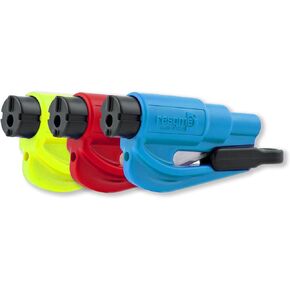resqme Family Pack of 3, The Original Emergency Keychain Car Escape Tool, 2-in-1 Seatbelt Cutter and Window Breaker, Made in USA, Red, Blue, Safety Yellow