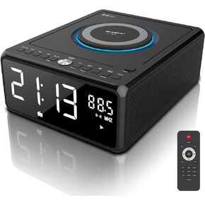 Gelielim Boombox CD Player Alarm Clock, Digital FM Radio, Bluetooth CD Player with Remote, 10W Wireless Charging, Headphone Jack,USB & AUX Ports, Dimmable LED Display, Small CD Players for Home
