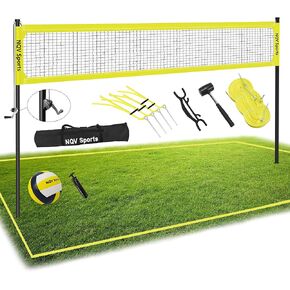 NQV Professional Heavy Duty Outdoor Yellow Volleyball Net Set with Adjustable 3 Levels Height Aluminum Poles, Anti-sag System,Volleyball,Pump,Boundary Line and Carrying Bag for Backyard