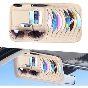 1 PC Automotive Multifunctional CD Bag, Leather Sun Visor Mounted Glasses Card Pen Small Item Storage Bag, High Capacity Modification Accessories, Compatible with Most Car Models (Beige)