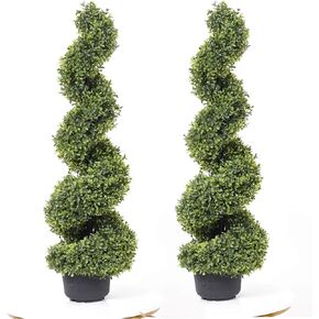 43 Inch Artificial Boxwood Topiary Tree Spiral Plants Fake Faux Plant Decor in Plastic Pot Green Indoor or Outdoor, Set of 2
