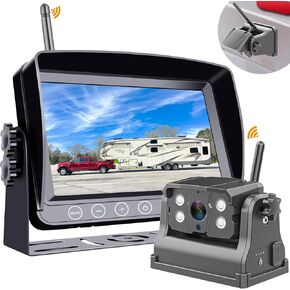 كاميرا احتياطية مغناطيسية لاسلكية من DOUXURY لسيارة RV مقطورة شاحنة تخييم ذات عجلات خامسة قابلة لإعادة الشحن وبطارية مدمجة مقاومة للماء وكاميرا احتياطية للرؤية الليلية مع شاشة 7 بوصة 1080P HD 4 سبليت in Kuwait