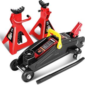 DNA MOTORING Low Profile Hydraulic Trolley Service/Floor Jack Combo with 2 Ratchet Jack Stands, 2 Ton (4000 lbs) Capacity, TOOLS-00476