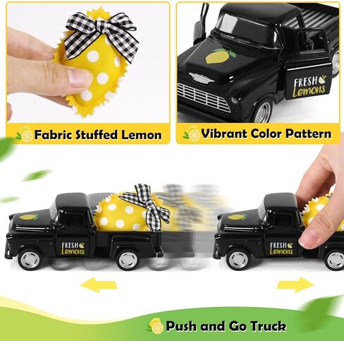 شاحنة معدنية ليمونية من Huray Rayho مع قماش محشو بالليمون الأصفر الاصطناعي بوفالو أسود عتيق لاقط المزرعة الصيفية على سطح الطاولة صينية متدرجة ديكور المنزل رف مطبخ صغير ديكور شاحنة دييكاست in Kuwait