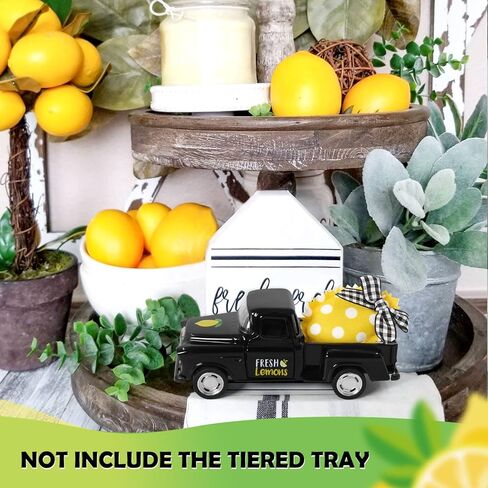 شاحنة معدنية ليمونية من Huray Rayho مع قماش محشو بالليمون الأصفر الاصطناعي بوفالو أسود عتيق لاقط المزرعة الصيفية على سطح الطاولة صينية متدرجة ديكور المنزل رف مطبخ صغير ديكور شاحنة دييكاست in Kuwait