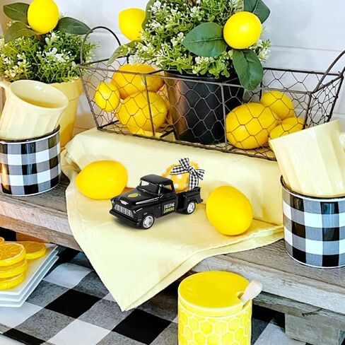 شاحنة معدنية ليمونية من Huray Rayho مع قماش محشو بالليمون الأصفر الاصطناعي بوفالو أسود عتيق لاقط المزرعة الصيفية على سطح الطاولة صينية متدرجة ديكور المنزل رف مطبخ صغير ديكور شاحنة دييكاست in Kuwait