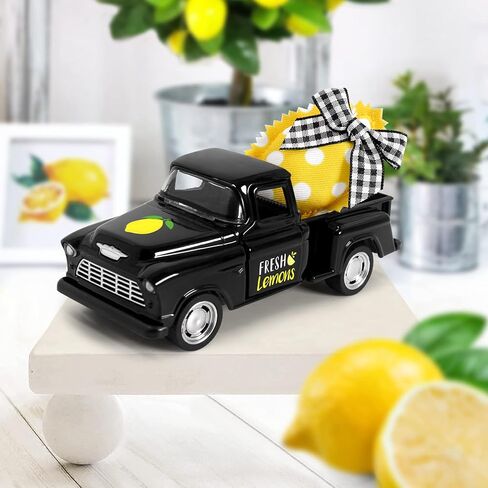 شاحنة معدنية ليمونية من Huray Rayho مع قماش محشو بالليمون الأصفر الاصطناعي بوفالو أسود عتيق لاقط المزرعة الصيفية على سطح الطاولة صينية متدرجة ديكور المنزل رف مطبخ صغير ديكور شاحنة دييكاست in Kuwait