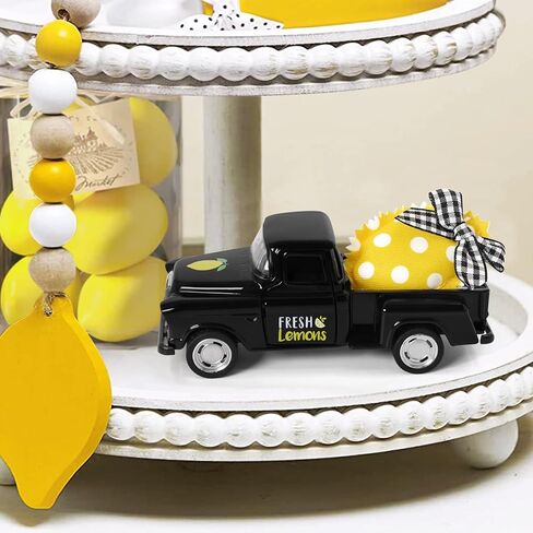 شاحنة معدنية ليمونية من Huray Rayho مع قماش محشو بالليمون الأصفر الاصطناعي بوفالو أسود عتيق لاقط المزرعة الصيفية على سطح الطاولة صينية متدرجة ديكور المنزل رف مطبخ صغير ديكور شاحنة دييكاست in Kuwait