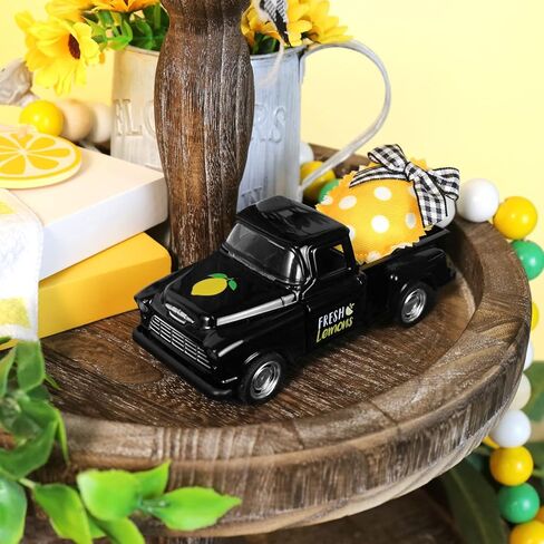 شاحنة معدنية ليمونية من Huray Rayho مع قماش محشو بالليمون الأصفر الاصطناعي بوفالو أسود عتيق لاقط المزرعة الصيفية على سطح الطاولة صينية متدرجة ديكور المنزل رف مطبخ صغير ديكور شاحنة دييكاست in Kuwait