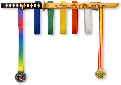 Tilhumt 12 Belts Karate Belt Display Rack with Movable Wooden Katana, Taekwondo Belt Display with 2 Medal Hooks, Martial Arts Belt Holder, Great Gift for Adults, Teenagers, Kids in Kuwait