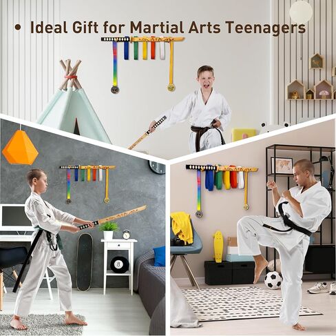 Tilhumt 12 Belts Karate Belt Display Rack with Movable Wooden Katana, Taekwondo Belt Display with 2 Medal Hooks, Martial Arts Belt Holder, Great Gift for Adults, Teenagers, Kids in Kuwait