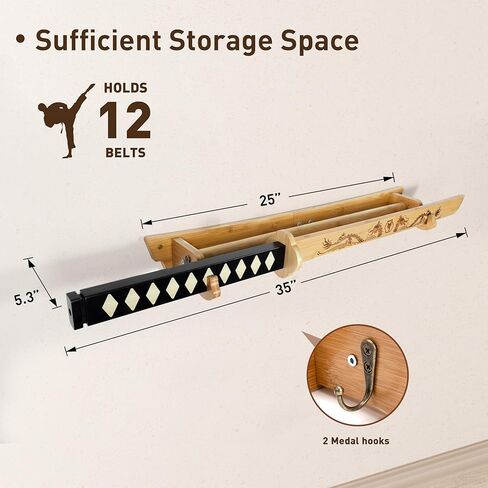 Tilhumt 12 Belts Karate Belt Display Rack with Movable Wooden Katana, Taekwondo Belt Display with 2 Medal Hooks, Martial Arts Belt Holder, Great Gift for Adults, Teenagers, Kids in Kuwait