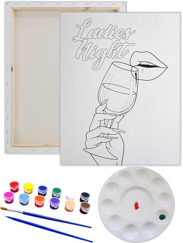 Essenburg Pre Drawn Canvas LADIES NIGHT Paint Kit | Adult & Teen Sip and Paint Party Favor | DIY Date Night Couple Activity (S 8X10 & 12 COLORS OF PAINT) in Kuwait