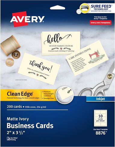 بطاقات عمل قابلة للطباعة من Avery Clean Edge مع تقنية Sure Feed، 2 بوصة × 3.5 بوصة، عاجية، 200 بطاقة فارغة لطابعات نفث الحبر (08876) in Saudi Arabia