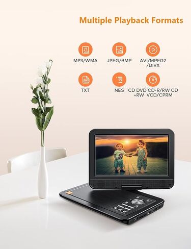 12.5" Portable DVD Player with 10.5" HD Screen, Built-in 5 Hours Rechargeable Battery, Support USB/SD Card/Sync TV and Multiple Disc Formats, Stereo Sound, 270 Degree Rotation, Black in Saudi Arabia