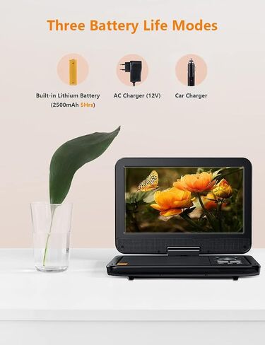 12.5" Portable DVD Player with 10.5" HD Screen, Built-in 5 Hours Rechargeable Battery, Support USB/SD Card/Sync TV and Multiple Disc Formats, Stereo Sound, 270 Degree Rotation, Black in Saudi Arabia