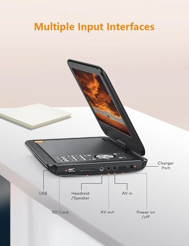 12.5" Portable DVD Player with 10.5" HD Screen, Built-in 5 Hours Rechargeable Battery, Support USB/SD Card/Sync TV and Multiple Disc Formats, Stereo Sound, 270 Degree Rotation, Black in Saudi Arabia