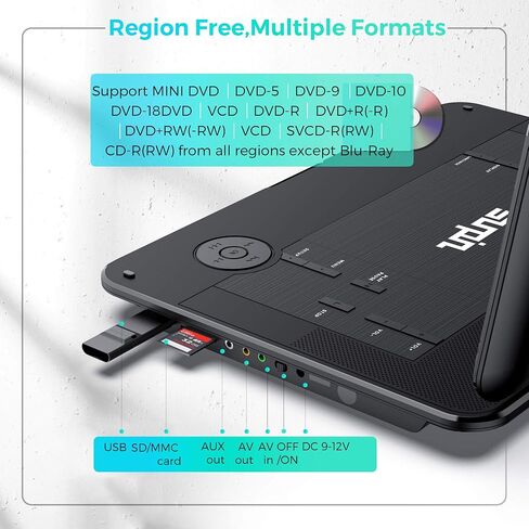 مشغل DVD محمول SUNPIN مقاس 17.9 بوصة مع شاشة دوارة كبيرة عالية الدقة مقاس 15.6 بوصة، بطارية قابلة لإعادة الشحن لمدة 6 ساعات، مضادة للصدمات، استئناف التشغيل، دعم مدخل ومخرج AV/بطاقة USB/SD، خالية من المنطقة، وحدة تحكم عن بعد، أسود in Kuwait