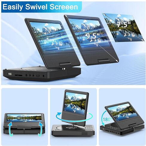 مشغل DVD محمول 9.5 بوصة مع شاشة عرض دوارة 7.5 بوصة، بطارية مدمجة قابلة للشحن لمدة 5 ساعات، مشغل DVD للسيارة، يدعم بطاقة SD/USB/CD/DVD وتنسيقات أقراص متعددة، مكبر صوت عالي الصوت، أسود... in Kuwait