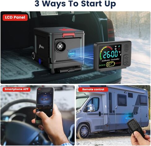 سخان ديزل hcalory 8 كيلو وات، سخان هواء ديزل محمول الكل في واحد 110 فولت تيار متردد و12 فولت 24 فولت تيار مستمر، سخان انتظار مع تحكم بلوتوث وشاشة LCD، يدعم خزان الوقود 5 لتر للسيارة والشاحنة والقارب والمركبات الترفيهية والمعسكرات in Kuwait