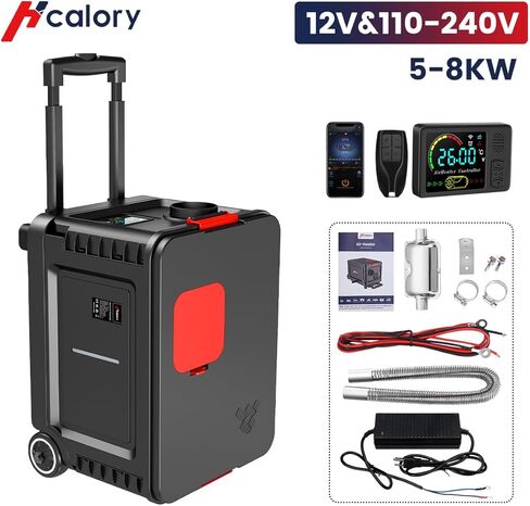 سخان ديزل hcalory 8 كيلو وات، سخان هواء ديزل محمول الكل في واحد 110 فولت تيار متردد و12 فولت 24 فولت تيار مستمر، سخان انتظار مع تحكم بلوتوث وشاشة LCD، يدعم خزان الوقود 5 لتر للسيارة والشاحنة والقارب والمركبات الترفيهية والمعسكرات in Kuwait