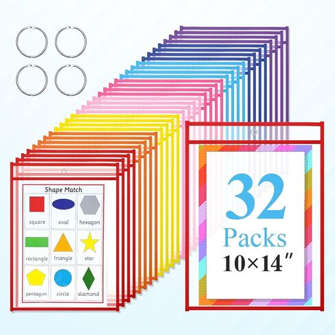 32 Pack Dry Erase Pocket Sleeves with Rings, 10x14 Inch Plastic Paper Sleeves Clear Job Ticket Holders Reusable Write and Wipe Pouches for Teacher Classroom Office in Saudi Arabia