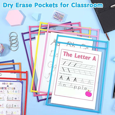 32 Pack Dry Erase Pocket Sleeves with Rings, 10x14 Inch Plastic Paper Sleeves Clear Job Ticket Holders Reusable Write and Wipe Pouches for Teacher Classroom Office in Saudi Arabia