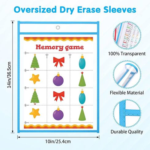 32 Pack Dry Erase Pocket Sleeves with Rings, 10x14 Inch Plastic Paper Sleeves Clear Job Ticket Holders Reusable Write and Wipe Pouches for Teacher Classroom Office in Saudi Arabia