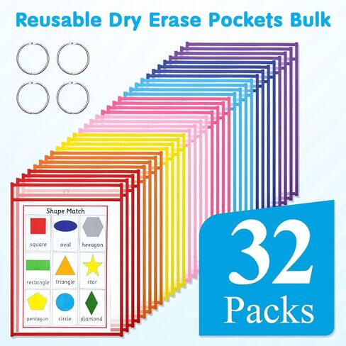 32 Pack Dry Erase Pocket Sleeves with Rings, 10x14 Inch Plastic Paper Sleeves Clear Job Ticket Holders Reusable Write and Wipe Pouches for Teacher Classroom Office in Saudi Arabia