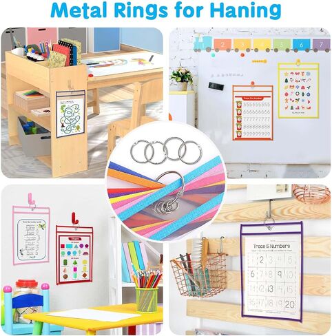 32 Pack Dry Erase Pocket Sleeves with Rings, 10x14 Inch Plastic Paper Sleeves Clear Job Ticket Holders Reusable Write and Wipe Pouches for Teacher Classroom Office in Saudi Arabia