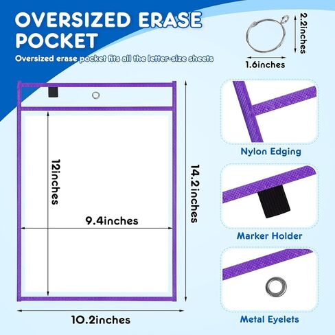 30 عبوة من جيوب المسح الجاف كبيرة الحجم من BainGesk مع حلقتين، وأكمام جافة قابلة لإعادة الاستخدام مقاس 14 × 10 بوصة، وجيوب شفافة لحامل التذاكر مع 10 ألوان، شديدة التحمل لمستلزمات معلم المدرسة في الفصول الدراسية in Kuwait