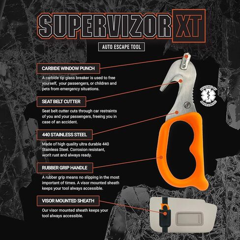 StatGear SuperVizor XT Auto Emergency Rescue Escape Tool - Seatbelt Cutter & Window Glass Breaker Hammer Survival - Mounts Right to Your Sun-Visor! (2 Pack, GLOW) in Kuwait